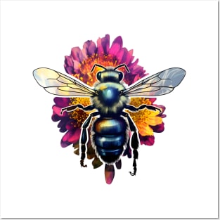 Lifelike Bee Pollinating a Vibrant Flower Posters and Art